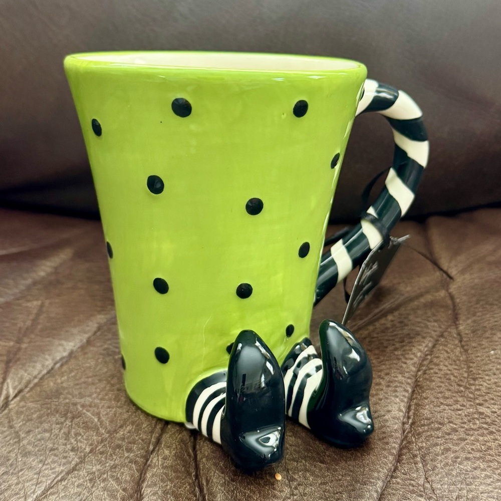 Witch Legs Green Polka Dot Halloween Mug with Black & White Striped Handle